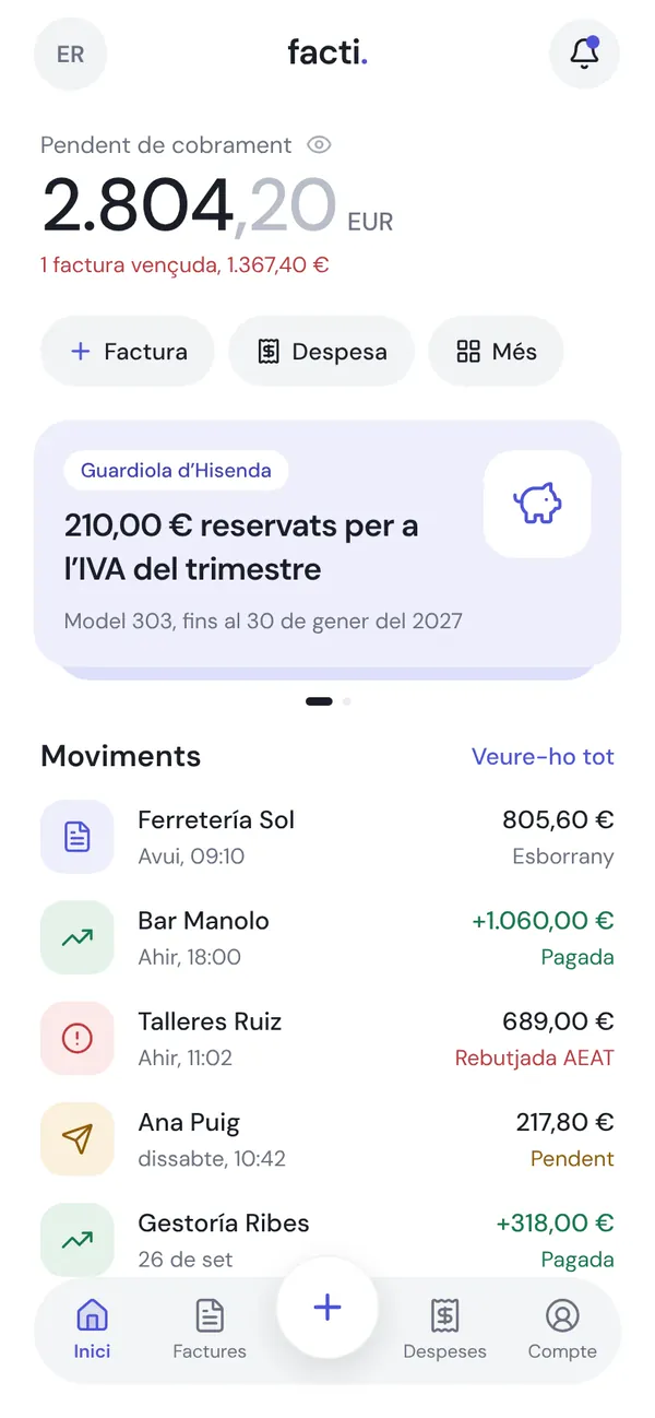 Inici de Facti amb el pendent de cobrament i els últims moviments