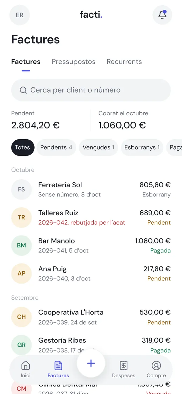 Llista de factures amb el seu estat