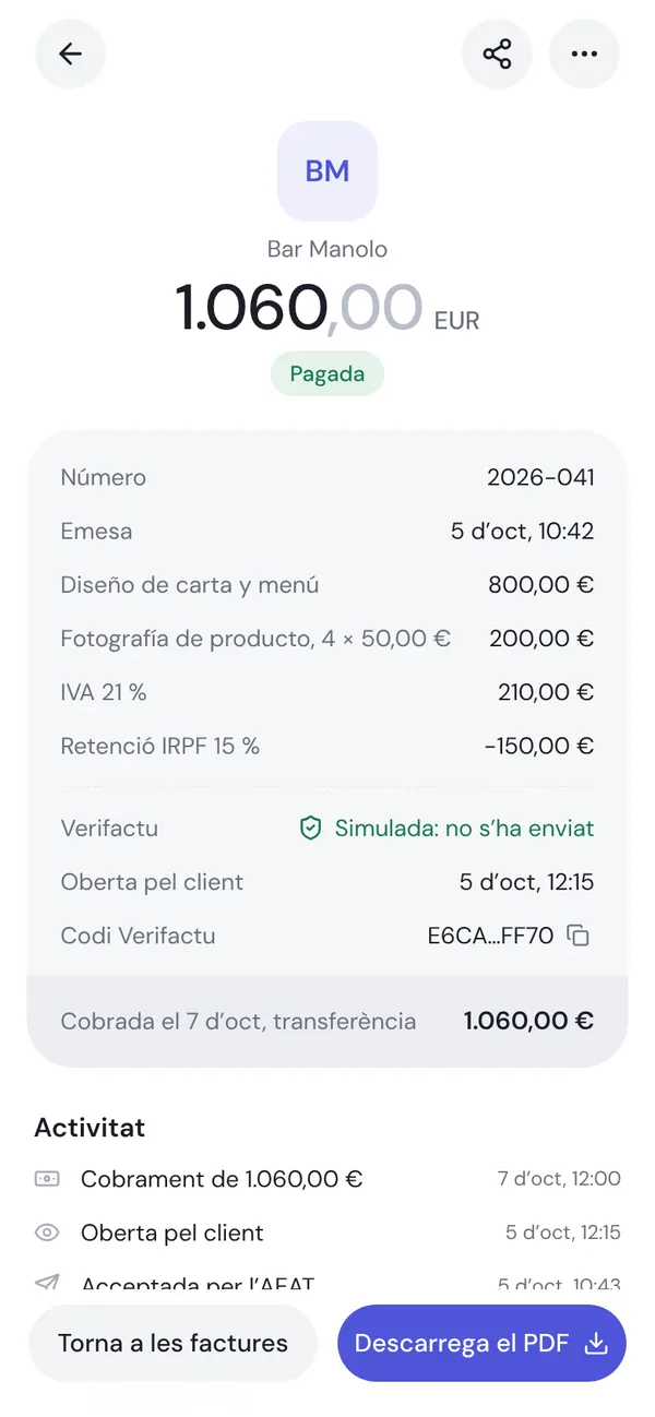 Detall d’una factura enviada a Hisenda