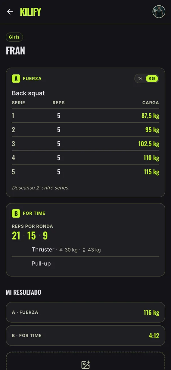 Fran WOD with the strength block and result